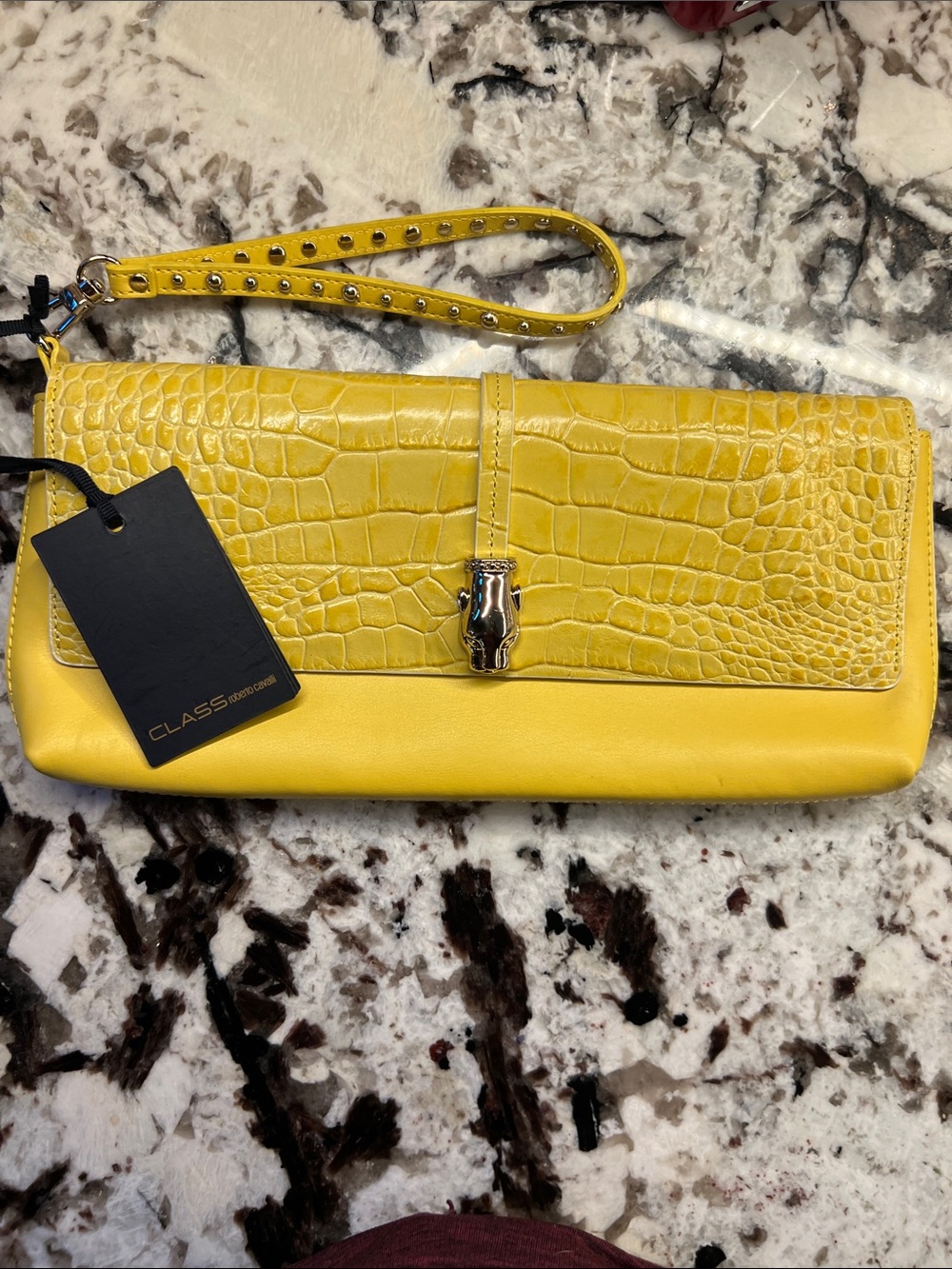 Class Roberto Cavalli Yellow Croc-Embossed Leather Wristlet Clutch